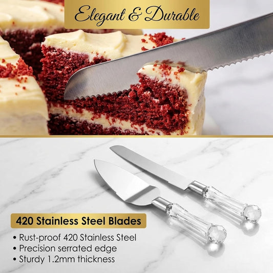 Wedding Cake Knife and Server Set, Cake Cutter and Pie Spatula, Cake Server and Knife Set of 2 with Crystal Handles, 1.2mm Thick Blades, Cutting Set for Birthdays, and Parties (Crystal Silver)