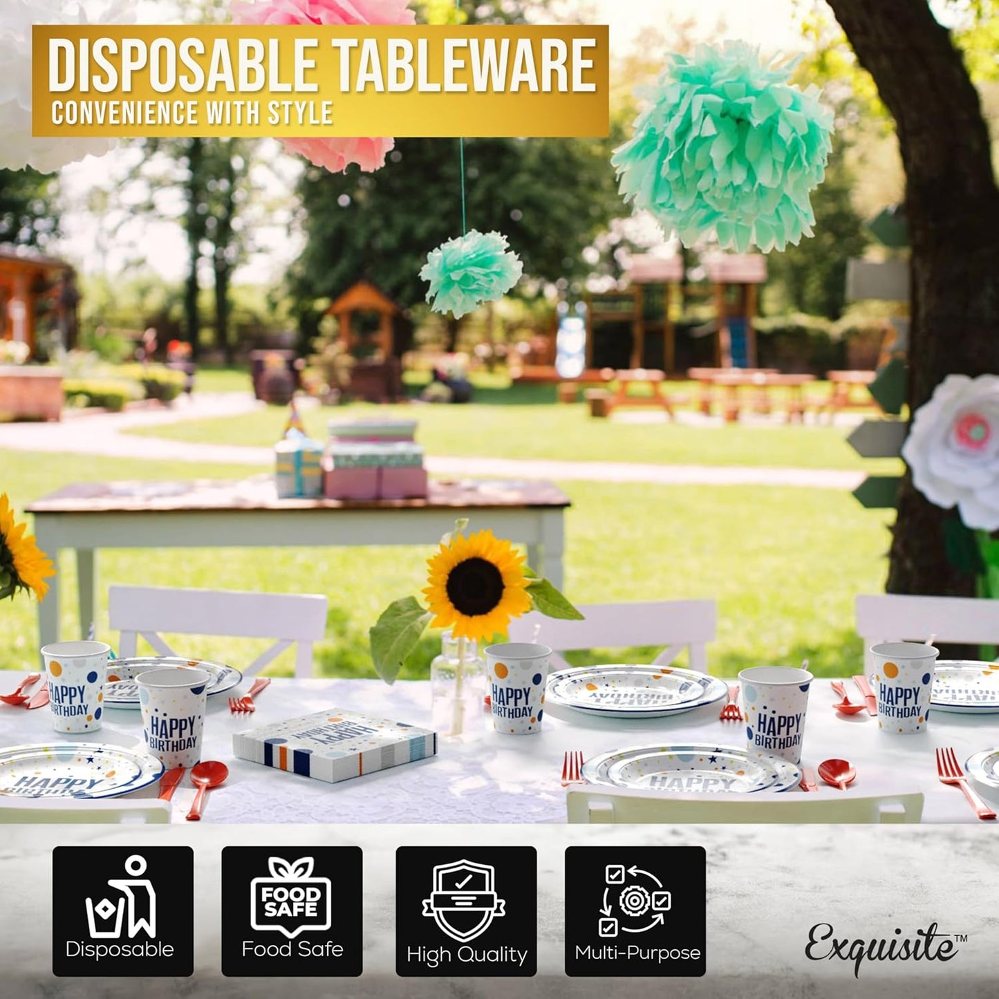 350 Pcs Black Plastic Plates For Party, Black Disposable Plates Set, 50 Of Each 9" Dinner Plate Set, 7" Dessert Plate, Cups, Napkins & Cutlery Plastic Dinnerware Set Exquisite