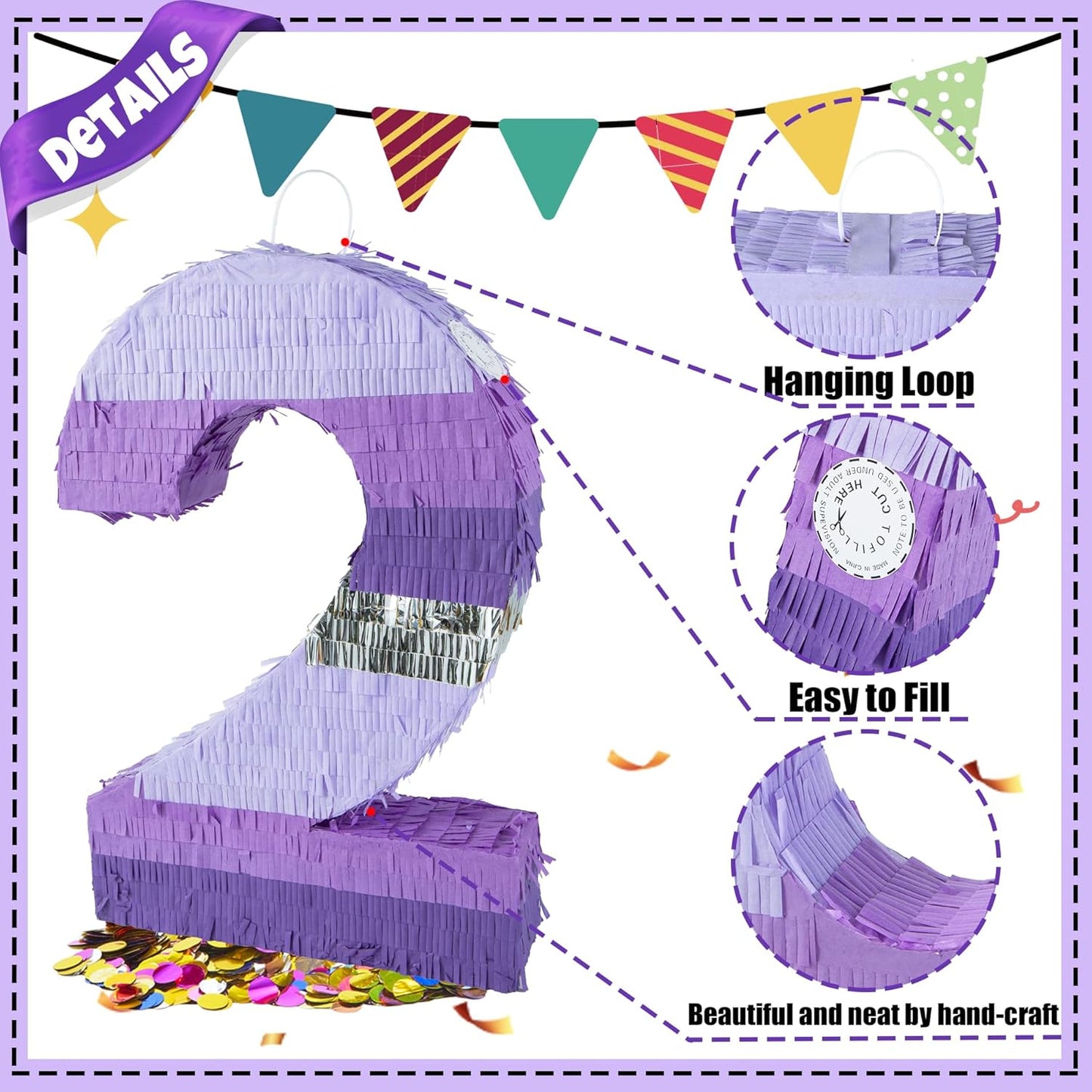 PCFING 20 Inch Number 1 Piñata Purple Silver with 30 Inch Piñata Stick Blindfold Confetti for Boy Girl Kids Birthday Party Decorations, Anniversary Celebration, Fiesta
