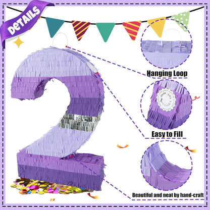 PCFING 20 Inch Number 1 Piñata Purple Silver with 30 Inch Piñata Stick Blindfold Confetti for Boy Girl Kids Birthday Party Decorations, Anniversary Celebration, Fiesta