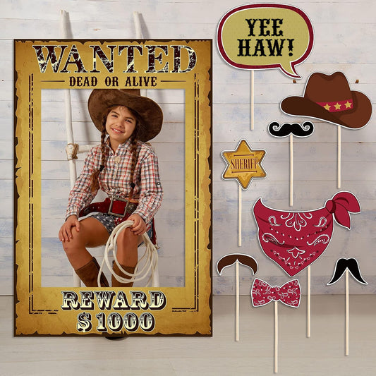 Blulu 9 PCS West Wanted Photo Booth Prop Kit - 24 x 17 '' Wild Western Selfie Booth Poster Frames for Cowboy Cowgirl Theme Party Supplies, Wild West Rustic Party Decorations
