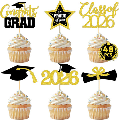 48 PCS Graduation Cupcake Toppers, Glittery 6 Styles Congrats Grad Cake Topper, Black and Red Graduation Decorations 2026, Cap and Diploma Cake Picks for Grad Party Supplies