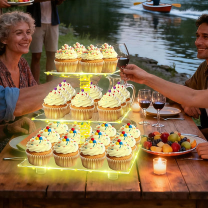 YestBuy Cupcake Stand with Yellow Led Lights, 4 Tier Cupcake Stand for 50 Cupcakes, Acrylic Cupcake Tower Stand, Clear Tiered Cupcake Holder for Birthday Cady Bar Décor Weddings, Parties Events