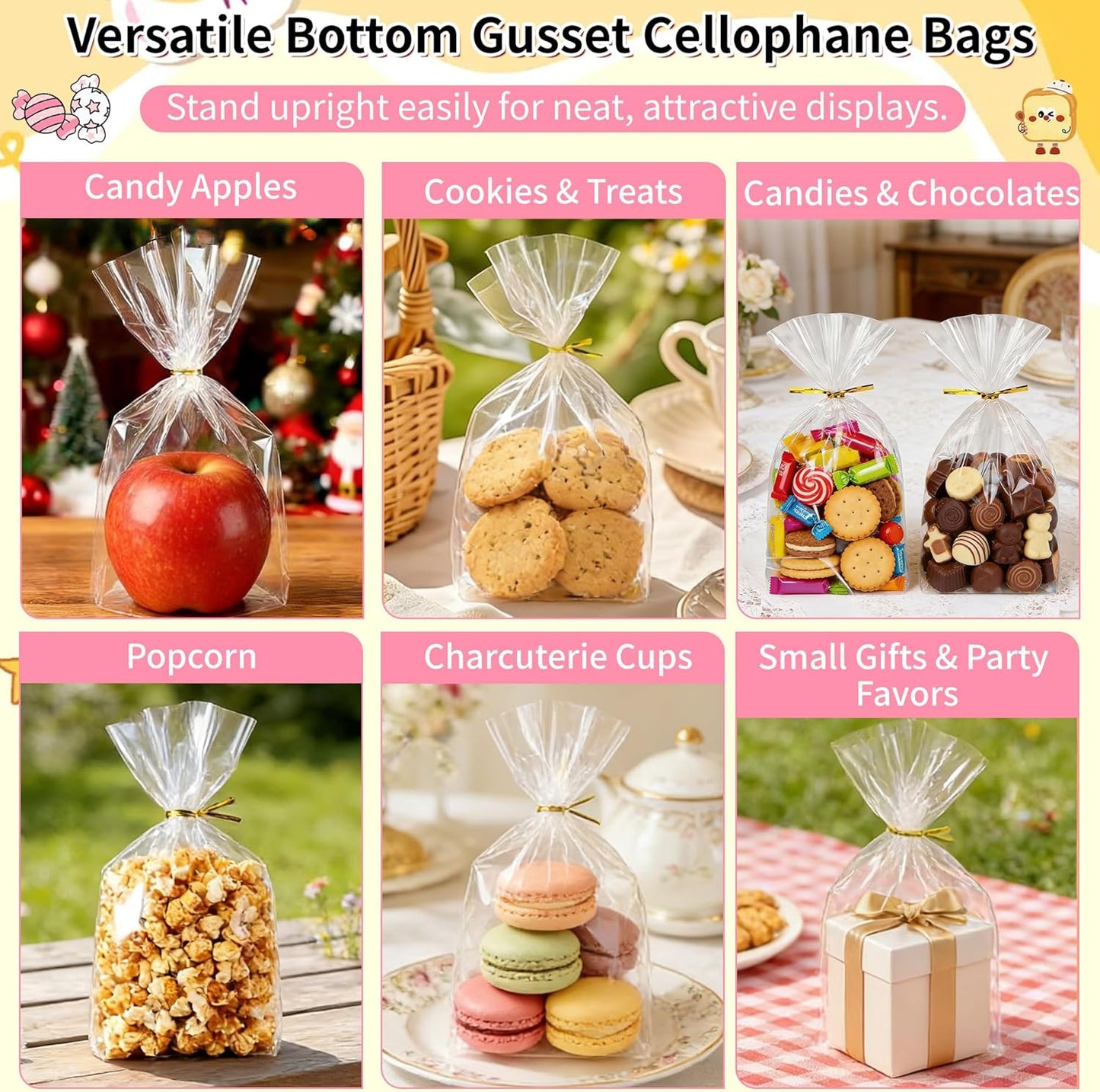 Soarvita 7x10 Inch Cellophane Treat Bags, 50 Pcs Clear Gift Bags with Bottom Gusset for Stand-Up Display, Cellophane Gift Wrap with 60 Gold Ties for Goodies, Treats, Candy, Party Favors, Toys