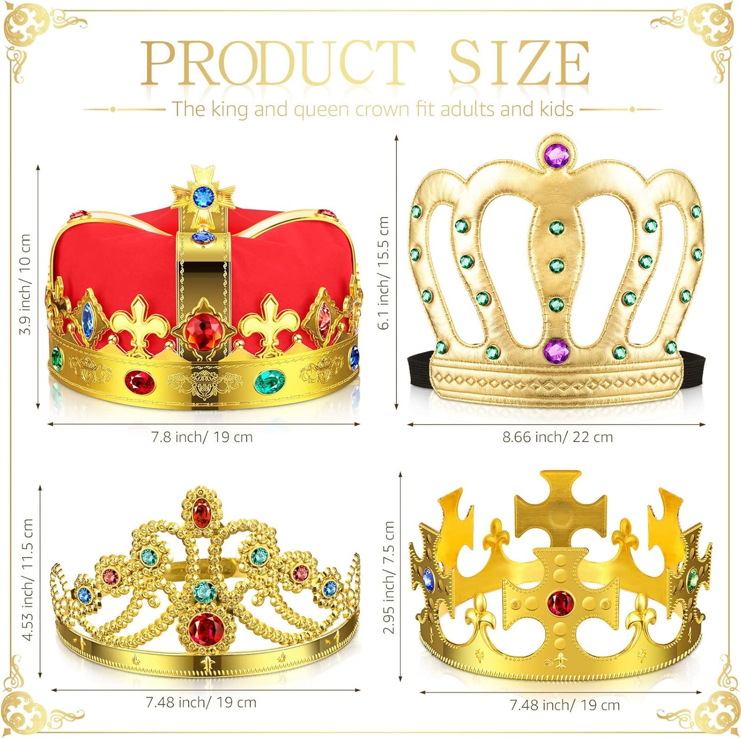Yingzhao 8 Pcs Royal King Crown for Kid Plastic Queen Prince Princess Crown Jeweled Costume Accessory for Adult Boy Girl (Gold)