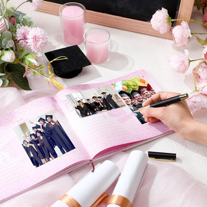 Patelai Pink Bow Graduation Guest Book Class of 2026 Party Decorations Leather Graduation Guest Signature Party Sign Gift with Pen, 112 Pages (Congrats Grad)