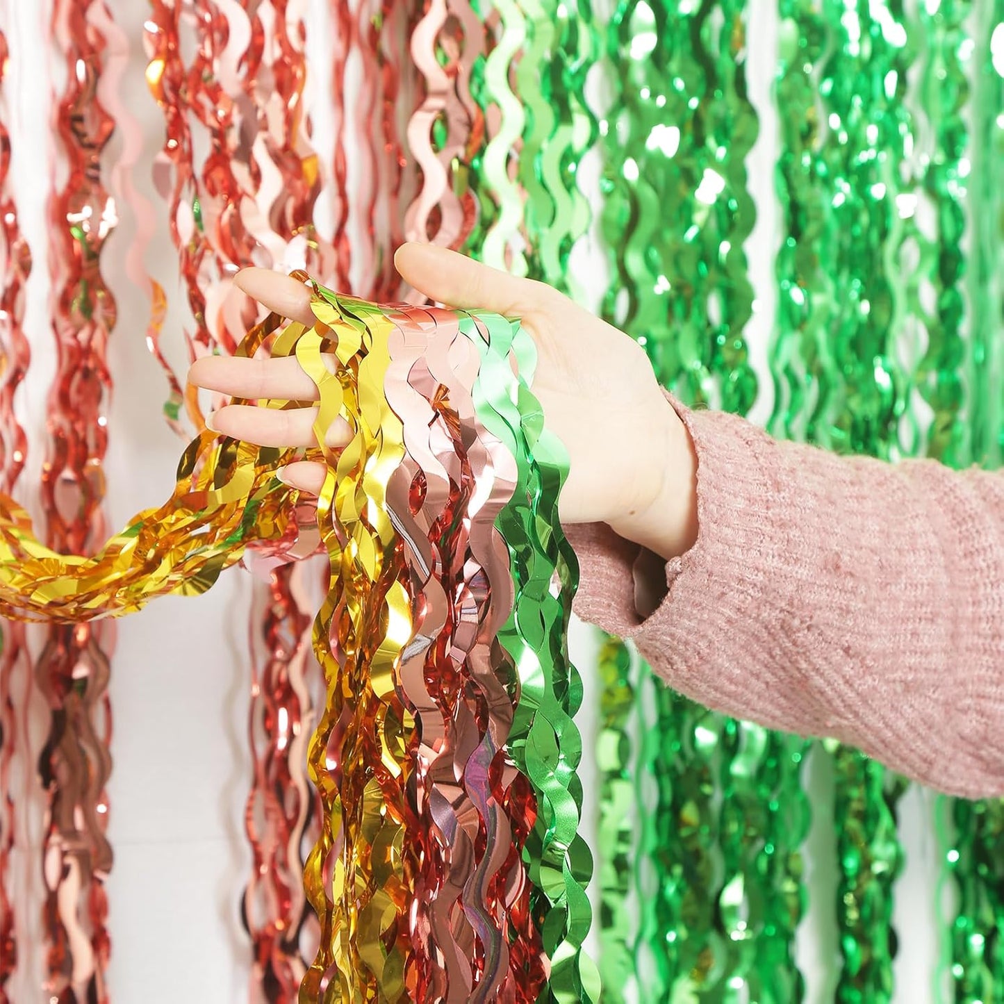 3 Pack Colorful Foil Fringe Curtain Backdrop - 6.6 x 3.3 ft Wavy Rainbow Tinsel Backdrop Curtain Metallic Streamers Iridescent Holiday Photo Booth Party Decorations