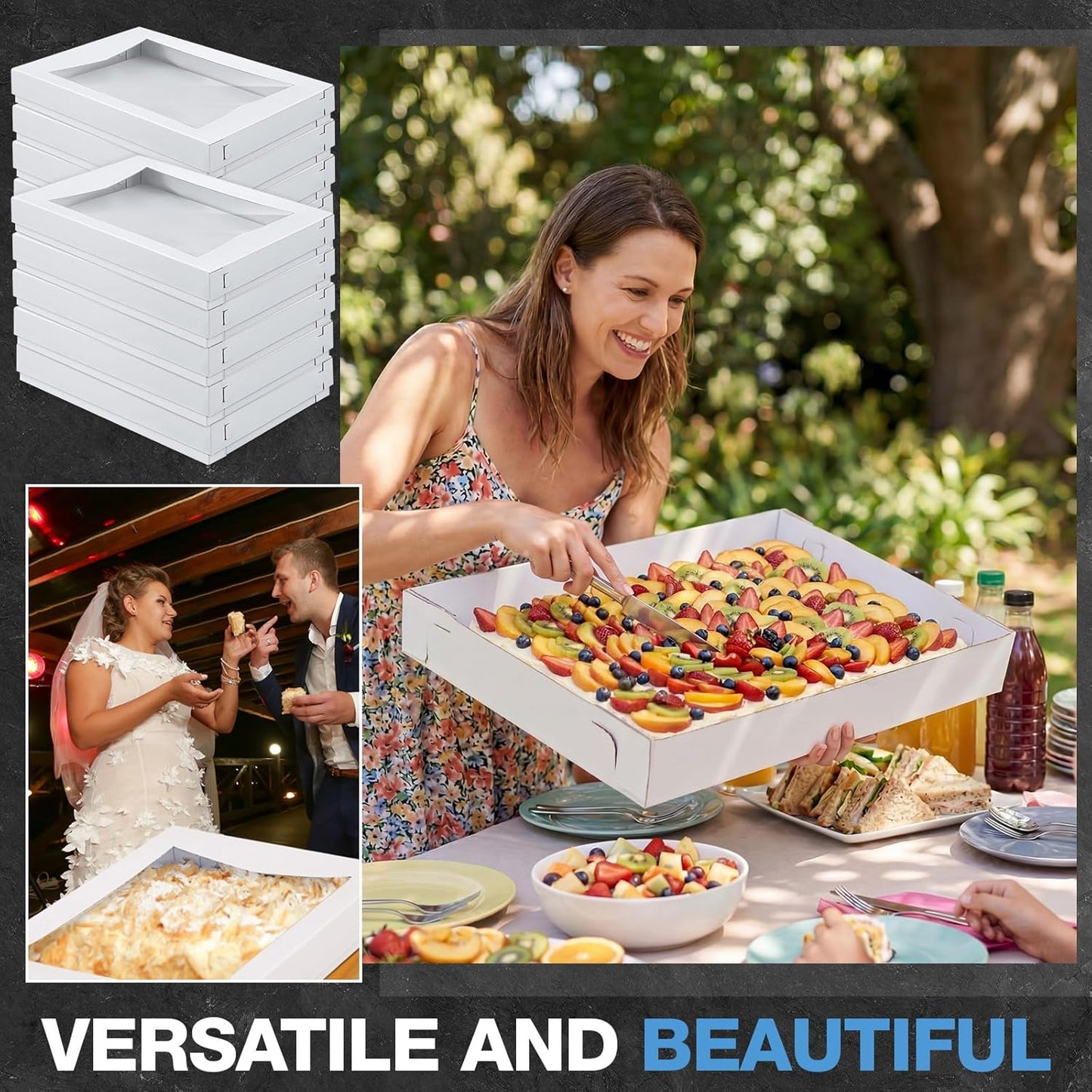 10 Sets 19 x 14 x 4 Inch Heavy Duty Half Sheet Cake Box with Window Include Corrugated Paperboard Cake Box Bottom Bakery Top Greaseproof Pad Tray for Dessert