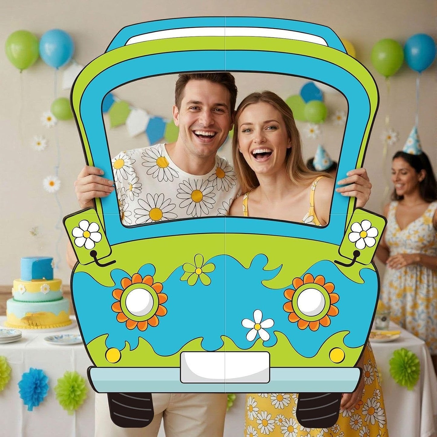 Capoda Hippie Photo Booth Props Selfie Frame with Sticks - 39 x 28 in Corrugated Cardboard Funny Hippie Bus Birthday Party Decorations Daisy Car Blue Green Prop Backdrop Cartoon Birthday Supplies