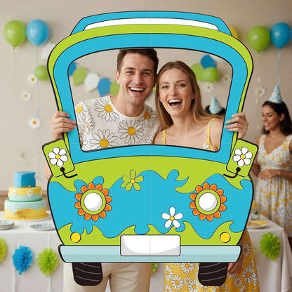 Capoda Hippie Photo Booth Props Selfie Frame with Sticks - 39 x 28 in Corrugated Cardboard Funny Hippie Bus Birthday Party Decorations Daisy Car Blue Green Prop Backdrop Cartoon Birthday Supplies