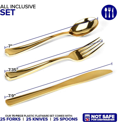 Gold Plastic Silverware Set (160 Bulk Pack) Disposable Cutlery Utensils, 80 Gold Forks, 40 Gold Knives, 40 Gold Spoons, Heavy Duty Flatware For Holidays, Parties, Dinners, Weddings, and Occasions