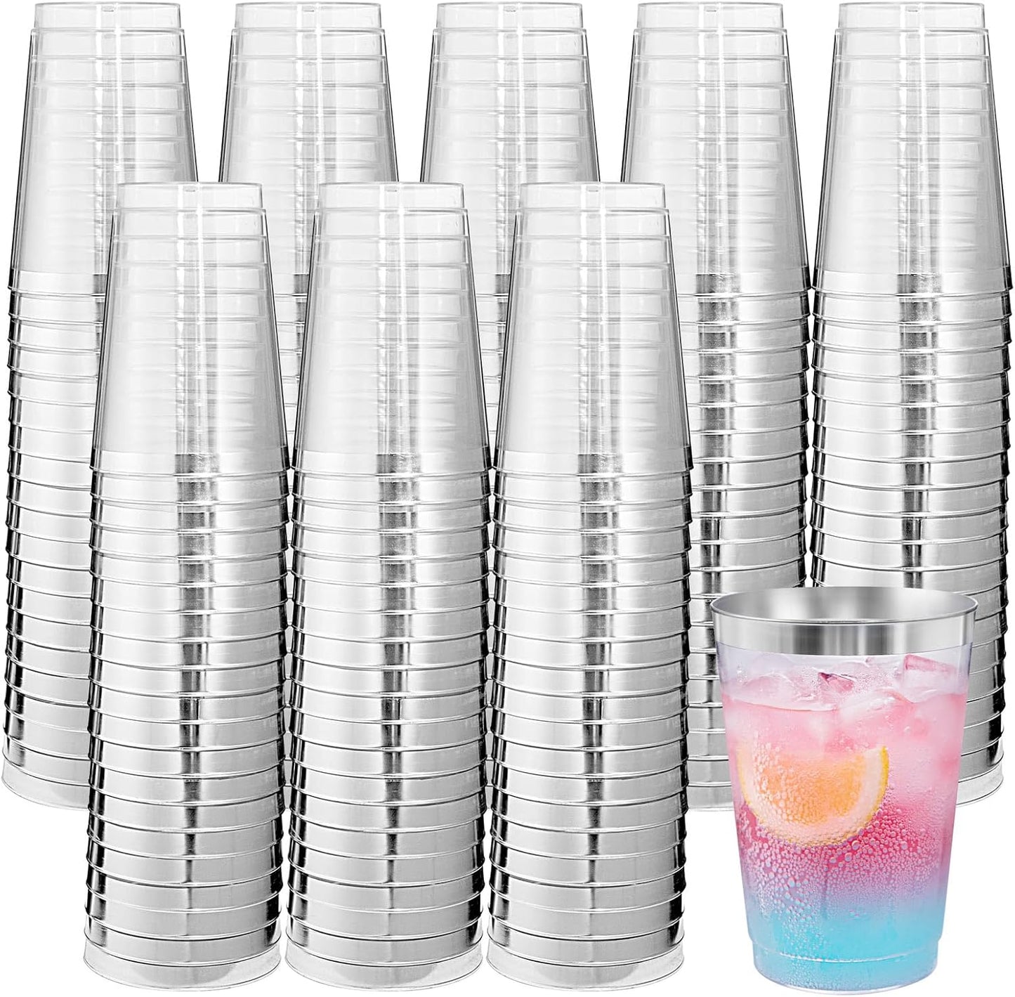 supernal 100pcs Gold Plastic Cups 12 oz, Glitter Clear Disposable Cups Heavy Duty, Fancy Plastic Cocktail Tumblers for Wedding, Parties Champagne & Mixed Drinks