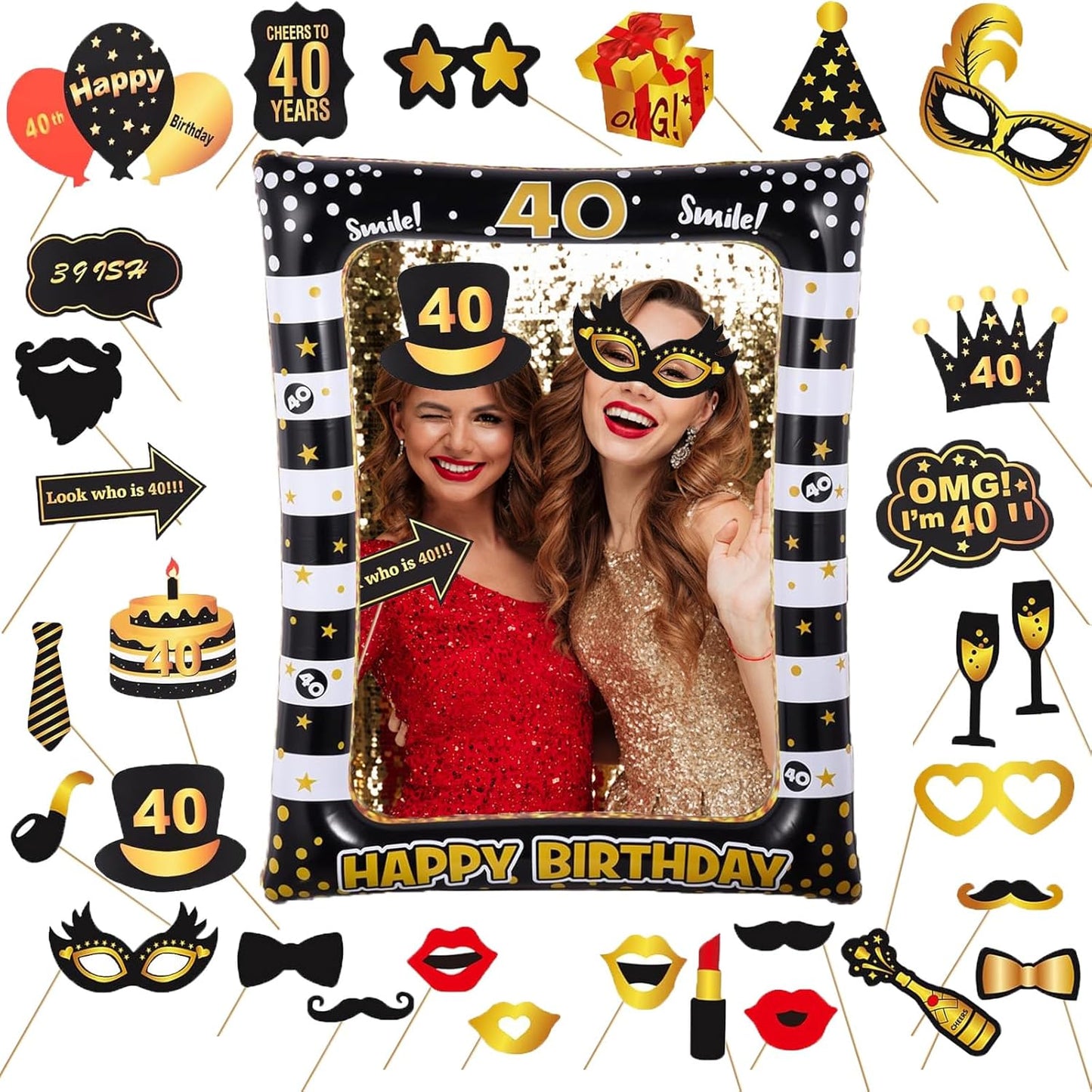 Hawaiian Party Photo Booth Props Kit, 30 PCS Luau Photo Booth Props with Large Inflatable Selfie Picture Frame for Hawaiian Tropical Tiki Summer Pool Party Supplies
