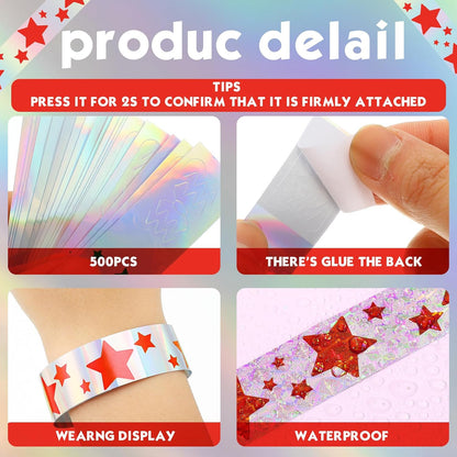 Glenmal 500 Pcs Wristbands for Event Neon Patriotic Star Wristbands Bulk for Events Plastic Waterproof Carnival Wrist Bands Adhesive Bracelet for 4th of July 250 Anniversary(Red)