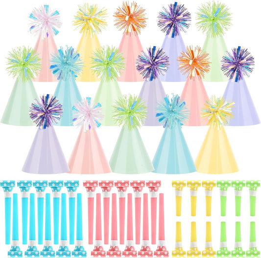 JOYEONDEF 48 Pcs Pastel Party Hats Set – 16 Rainbow Macaron Cone Hats with 32 Colorful Noise Makers for Birthday, Wedding, New Year & Celebration Decorations