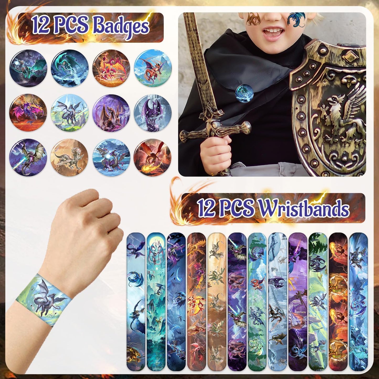 98PCS Dragon Birthday Party Favors Dragon Party Supplies Decorations Dragon Themed Slap Bracelets Stickers Dragon Button Pins Acrylic Dragon Key Ring Temporary Tattoos