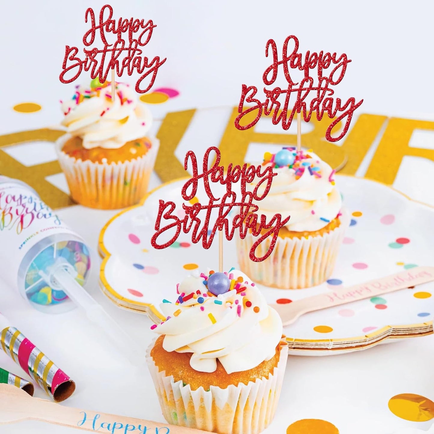 24 PCS Happy Birthday Cupcake Toppers Glitter Picks for Celebrating Anniversary Theme Party Cake Decorations Supplies Gold