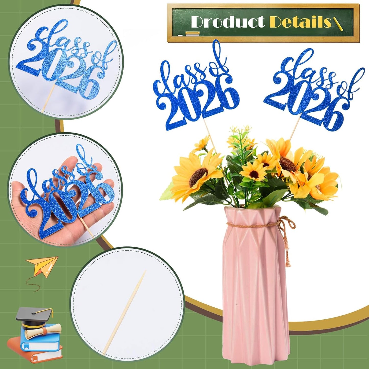 MixTeach 12 Pack Class of 2026 Graduation Centerpieces for Tables 2026 Glitter Graduation Centerpieces Sticks Graduation Party Table Topper for 2026 Graduation Table Party Decorations Supplies, Black