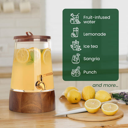 FOODLE Large Glass Drink Dispenser with Spigot - Glass Beverage Dispenser with Stand - Perfect for Parties & Weddings - Pitcher for Lemonade, Water, Sangria, Punch & Juice - Leakproof - 1.72 Gallon