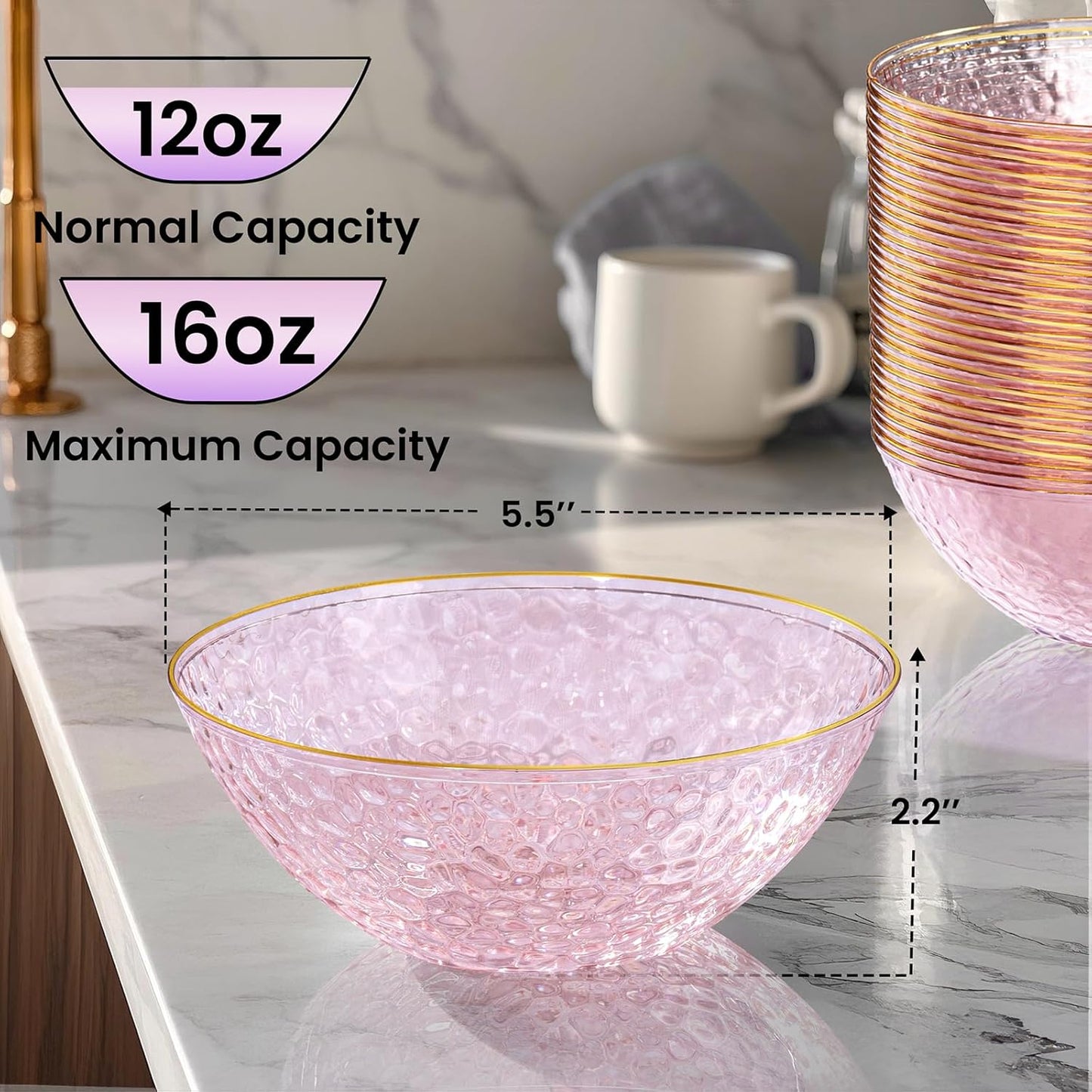 I00000 30 Pack 12 Ounce Pink Plastic Bowls Hammered Clear Bowl with Gold Rimmed, Heavy Duty Disposable Bowl Set,Elegant Salad/Dessert/Ice Cream Small Bowls for Party Weddings