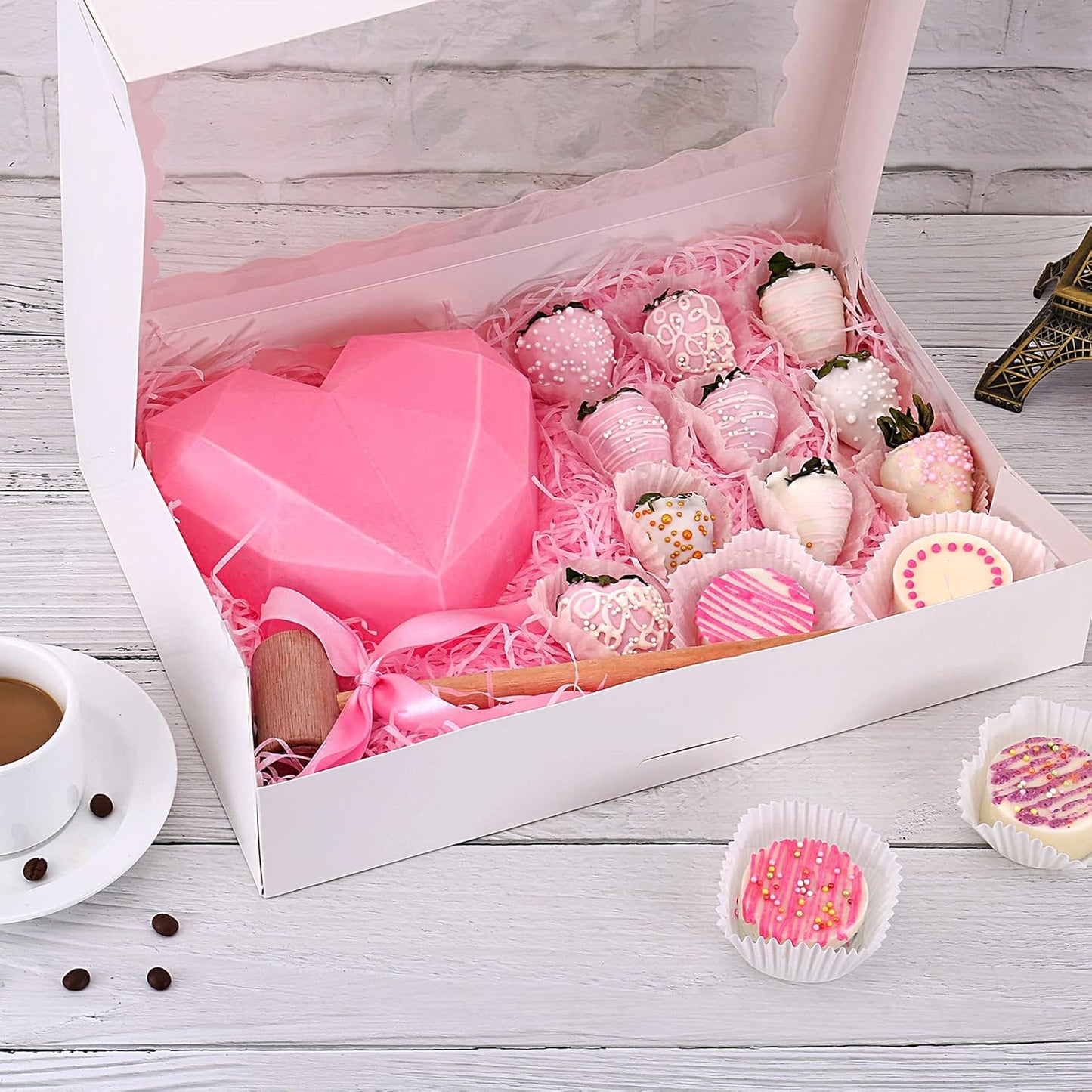 Tcoivs 20-Pack Bakery Boxes 14" x 10" x 2.5", Cookie Boxes, Auto-Popup Treat Boxes with Window for Donuts, Pies, Cakes, Muffins, and Pastries (White)