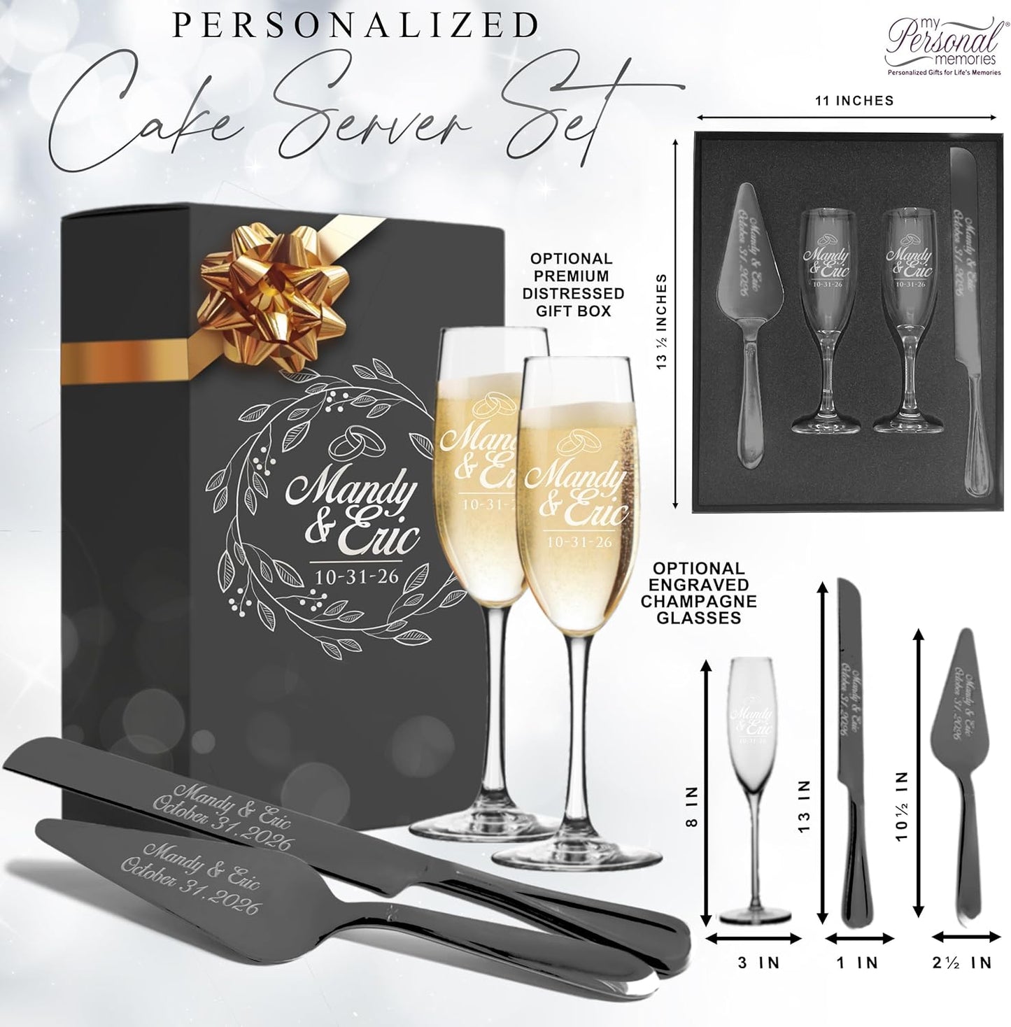 My Personal Memories Personalized Engraved Cake Server Gift Set with Matching Custom Champagne Toasting Flutes