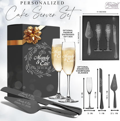 My Personal Memories Personalized Engraved Cake Server Gift Set with Matching Custom Champagne Toasting Flutes