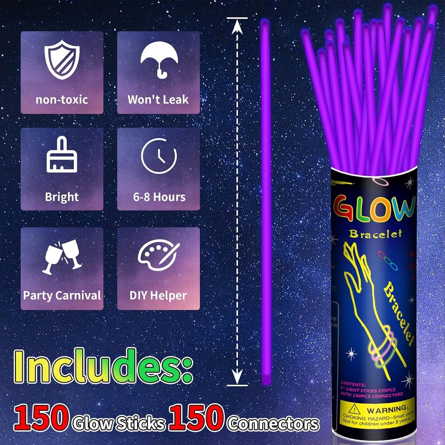 150 Pack 8” Red Glow Sticks Bulk with 150 Connectors Neon Glow In The Dark Party favors Supplies for Holiday Birthday Party Decoration (Red)
