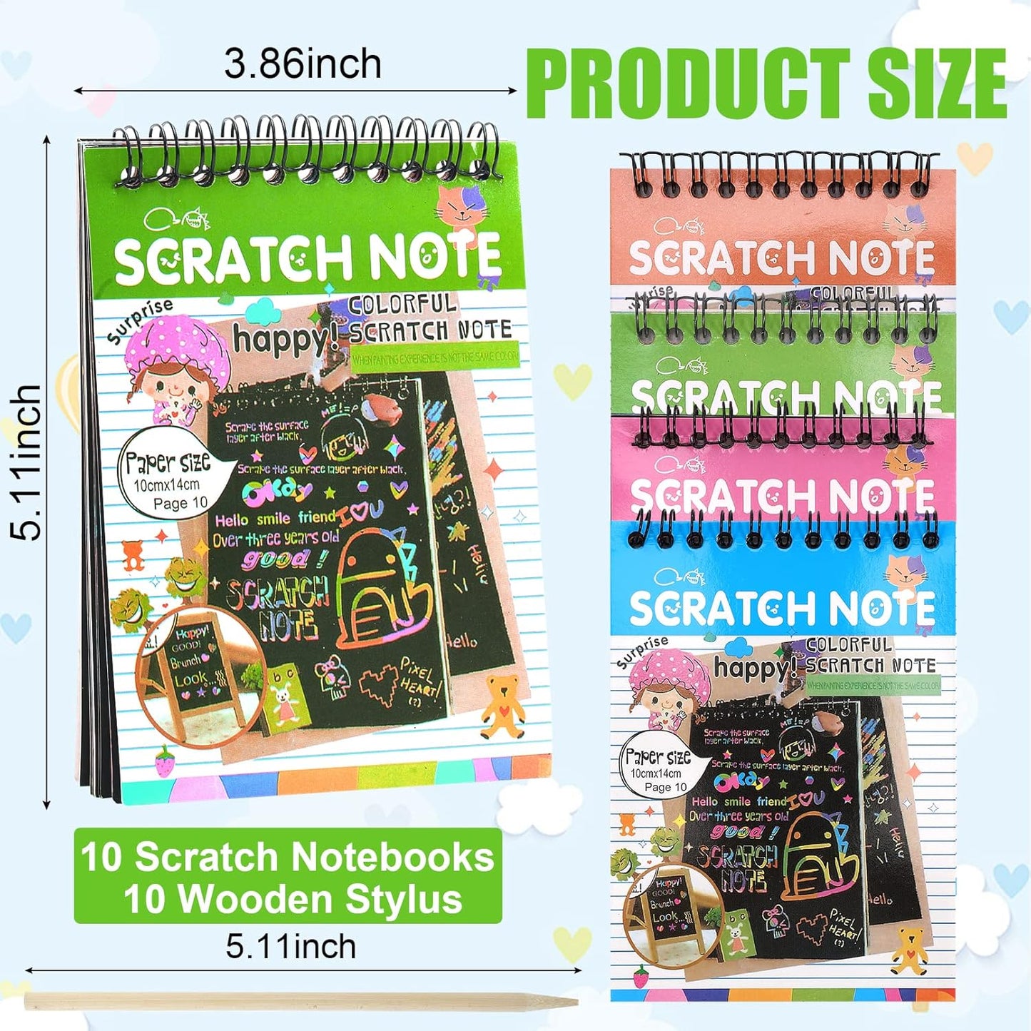 Blcculi 10 Pack Rainbow Scratch Notebooks,Scratch Note Pads,Rainbow Scratch Notes with Wooden Stylus,Scratch Art for Party Favors Arts and Crafts Activity