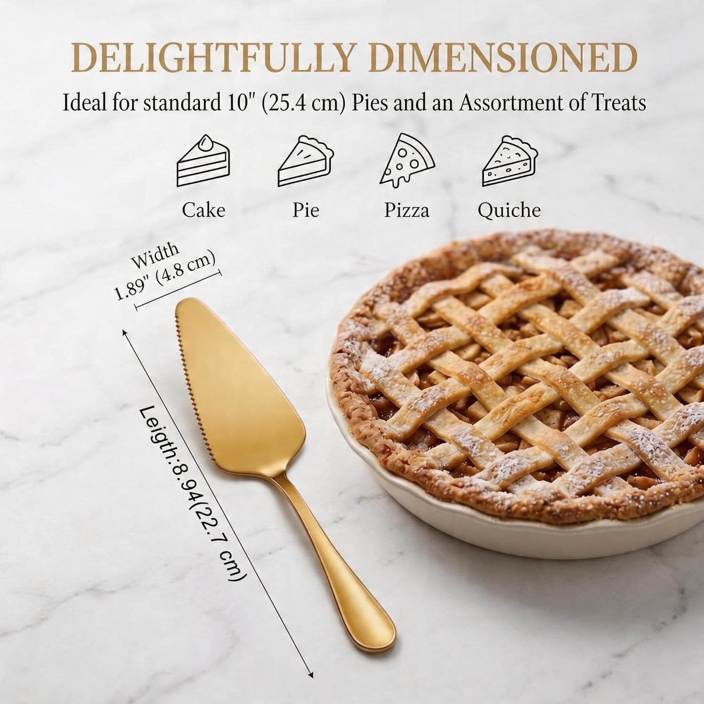 Gold Cake Knife and Server Set of 2, 9" Stainless Steel Serrated Cake Cutter and Spatula for Cutting & Serving Wedding Cake, Dessert, Pie, Pizza - Dishwasher Safe Cake Cutting Set