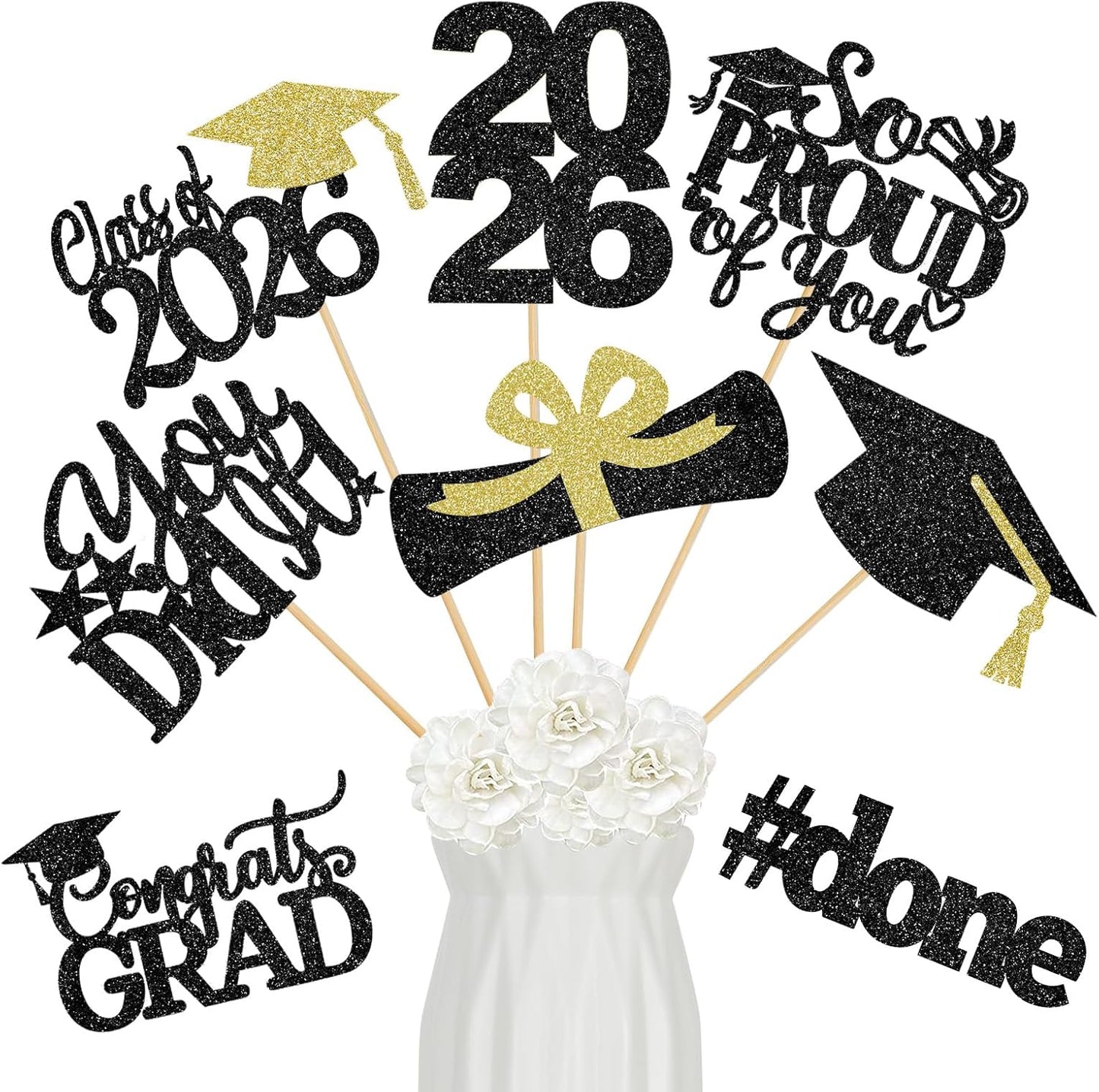 24Pcs 2026 Graduation Table Centerpieces Gold, Graduation Centerpieces for Tables 2026 Gold Class of 2026 Graduation Centerpiece Sticks for 2026 Graduation Party Table Decorations Gold