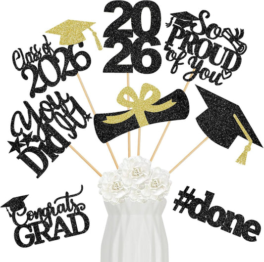 24Pcs 2026 Graduation Table Centerpieces Gold, Graduation Centerpieces for Tables 2026 Gold Class of 2026 Graduation Centerpiece Sticks for 2026 Graduation Party Table Decorations Gold