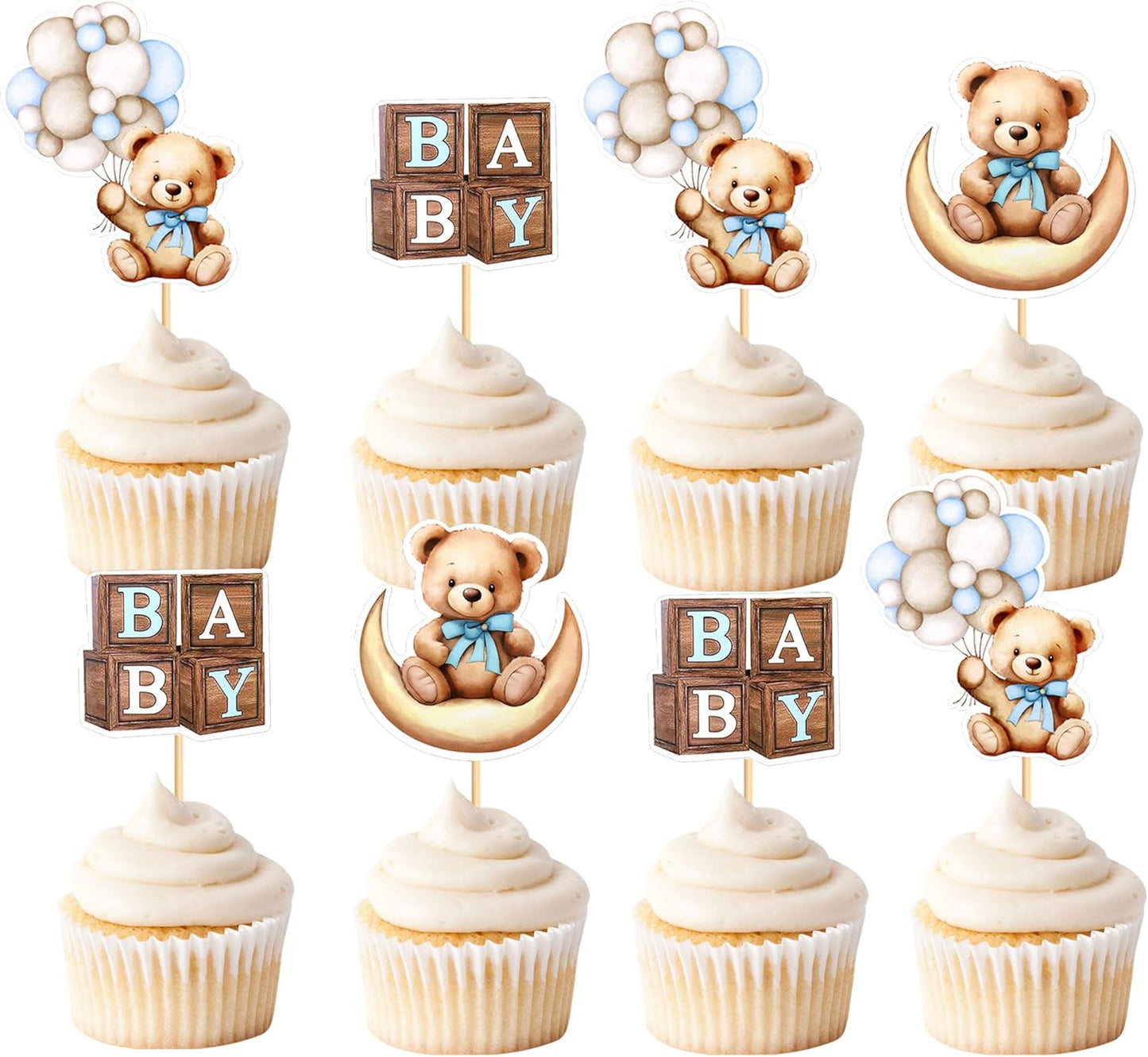 36Pcs Blue Baby Bear Cupcake Toppers Balloon Teddy Bears Cupcake Picks for Blue Baby Shower Gender Reveal Boys Bearly Birthday Cupcake Decorations We Can Bearly Wait Party Decorations Supplies