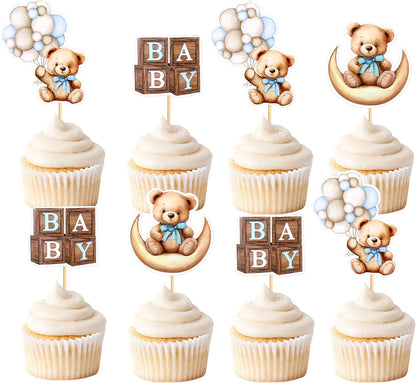 36Pcs Blue Baby Bear Cupcake Toppers Balloon Teddy Bears Cupcake Picks for Blue Baby Shower Gender Reveal Boys Bearly Birthday Cupcake Decorations We Can Bearly Wait Party Decorations Supplies