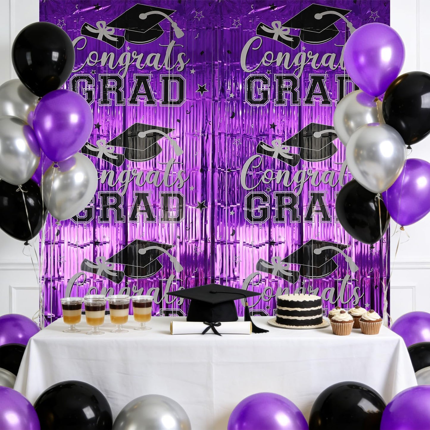 Gradution Party Suppiles Backdrop Decoration 2026, Claas of 2026 Streamer Tinsel Foil Fringe Curtains, Photo Booth Prop Backdrop, Black Grad Photo Backgrounds