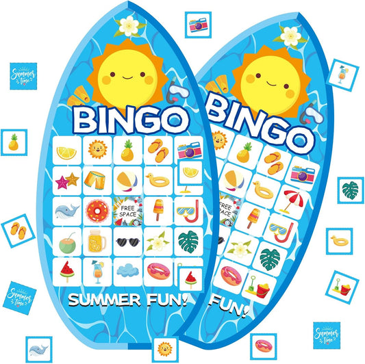 YQUQWN 24Pcs Summer Bingo Game, Pool Party Bingo Game for Adults 24 Players Surfboard Design Bingo Cards for Hawaiian Beach Favors School Party Games Kids School Classroom Party Supplies Activity