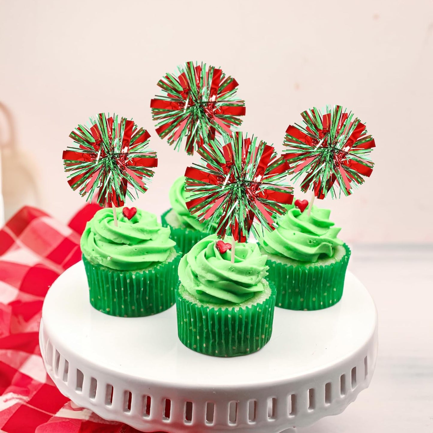 Ephlyn 30Pcs Foil Firework Cupcake Toppers Sparkle Tinsel Cupcake Picks Drink Stirrers Cocktail Food Fruit Toothpicks for Baby Shower Graduation Party Supplies White