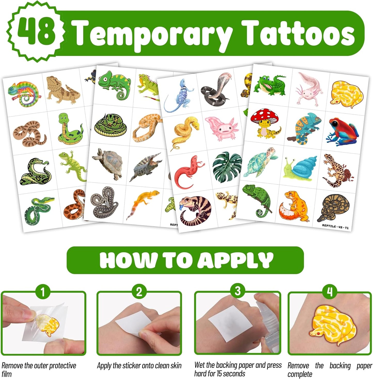 72PCS Reptile Party Favors - 48 Pre-cut Tattoos & 24 Slap Bracelets, Alligator, Lizard, Gecko, Snake Patterns - Perfect for Reptile-Themed Birthdays, Classroom Prizes, and Party Supplies for Boys