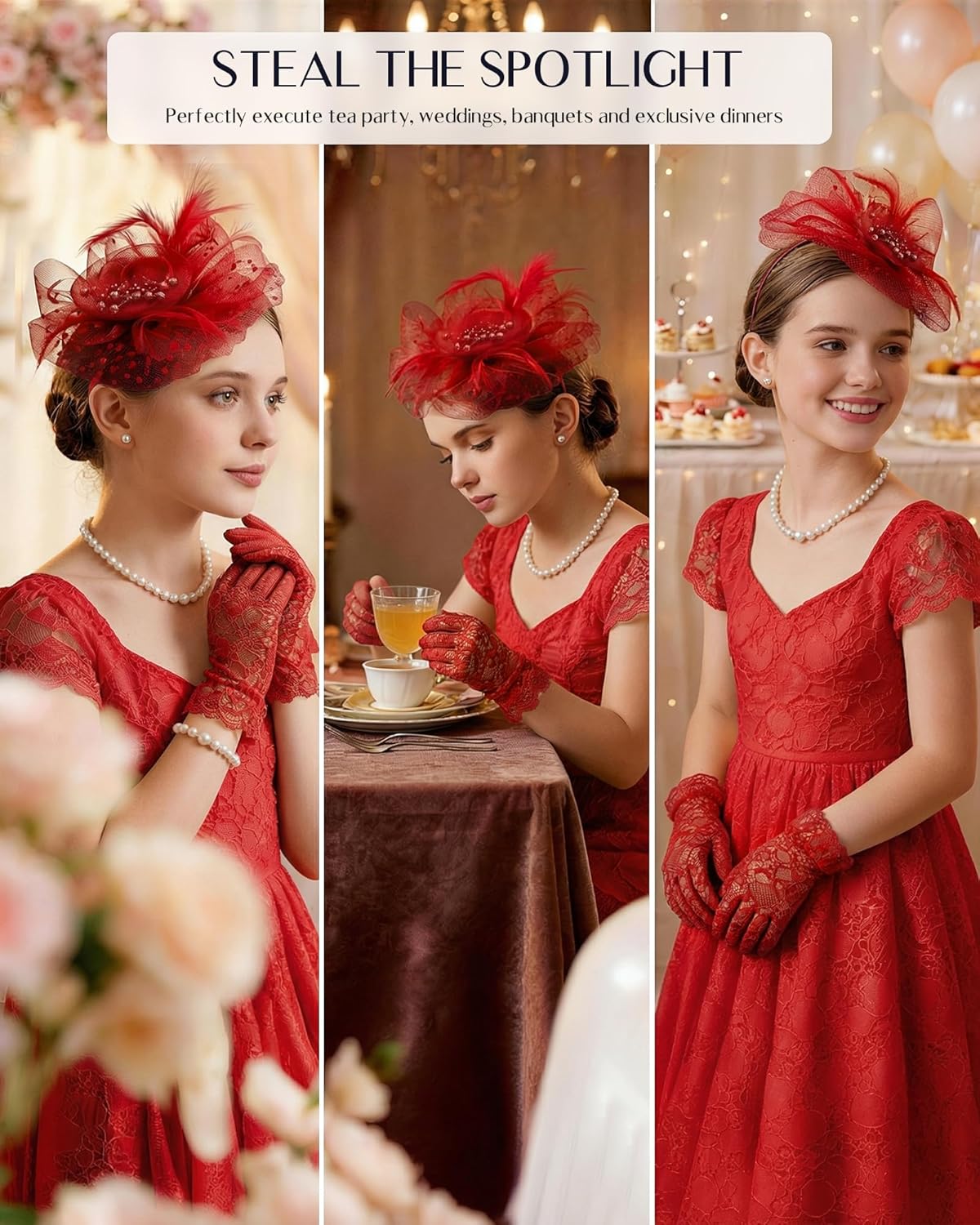 Girls Tea Party Fascinators Hats for Kids Fascinator Tea Party Hat Headband with Gloves Accessories for Girls
