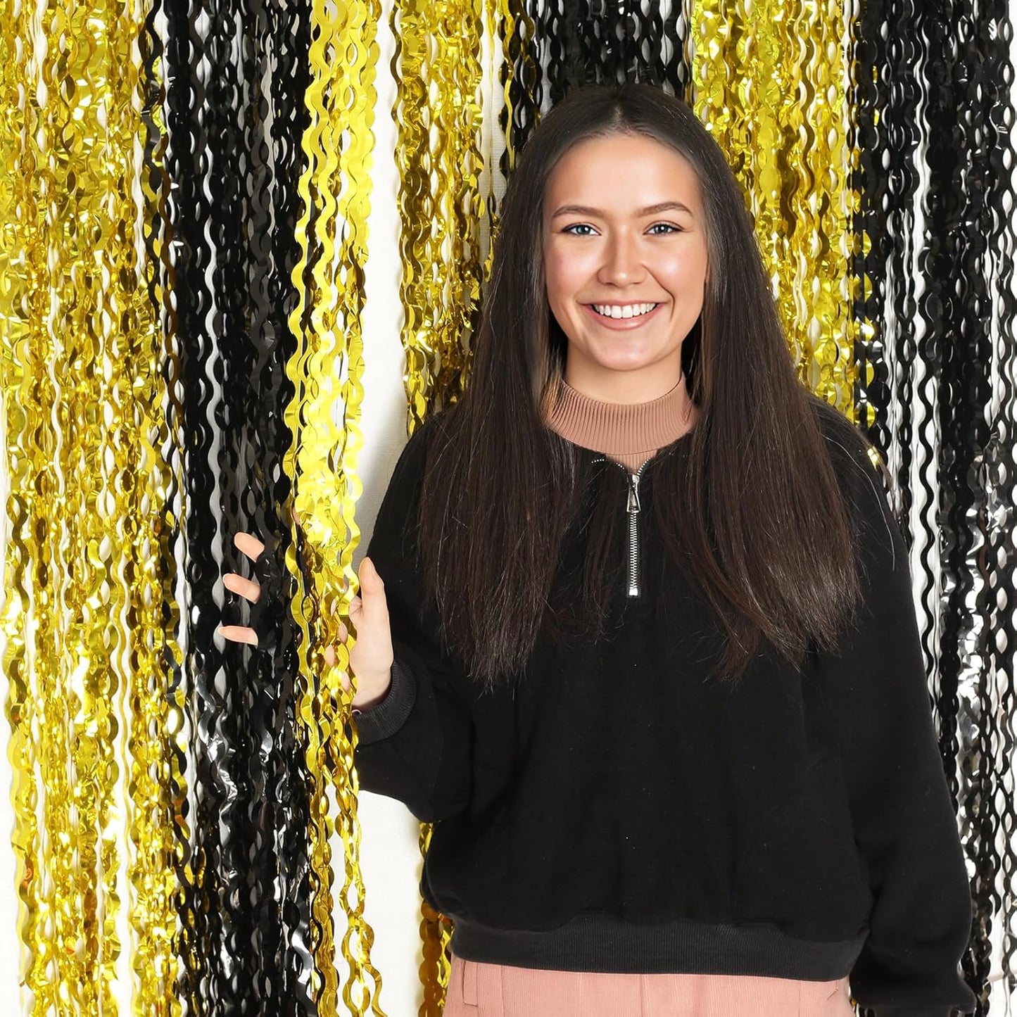 4 Pack Wavy Champagne Gold Metallic Tinsel Foil Fringe Curtains Backdrop - 3.3X6.6ft Foil Fringe Backdrop for Parties | Door Streamers for Birthday | Photo Booth Backdrops Party Decor