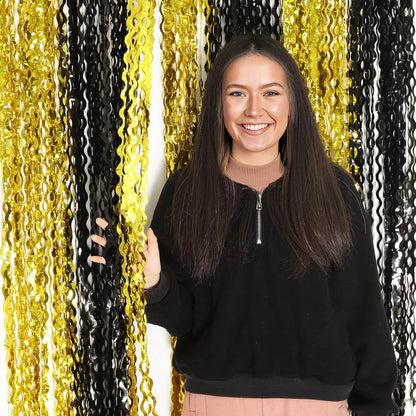 4 Pack Wavy Champagne Gold Metallic Tinsel Foil Fringe Curtains Backdrop - 3.3X6.6ft Foil Fringe Backdrop for Parties | Door Streamers for Birthday | Photo Booth Backdrops Party Decor