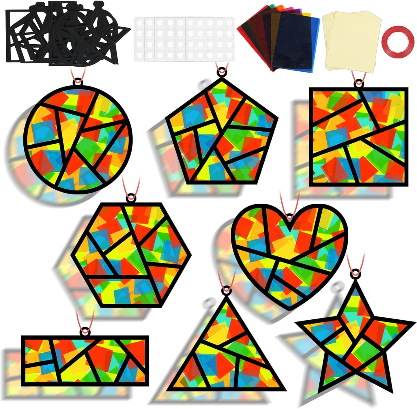 QOUBAI 32 Sets Stars Suncatchers Craft Back to School DIY Stained Glass Window Patriotic 4th of July Paper Craft Home School Classroom Decor Kid Birthday Gift Creative Art Activity Game - Colors A