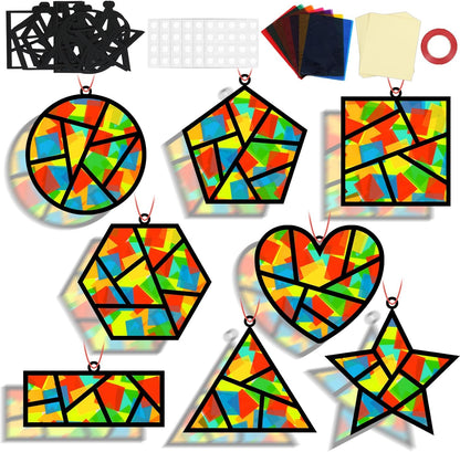 QOUBAI 32 Sets Stars Suncatchers Craft Back to School DIY Stained Glass Window Patriotic 4th of July Paper Craft Home School Classroom Decor Kid Birthday Gift Creative Art Activity Game - Colors A