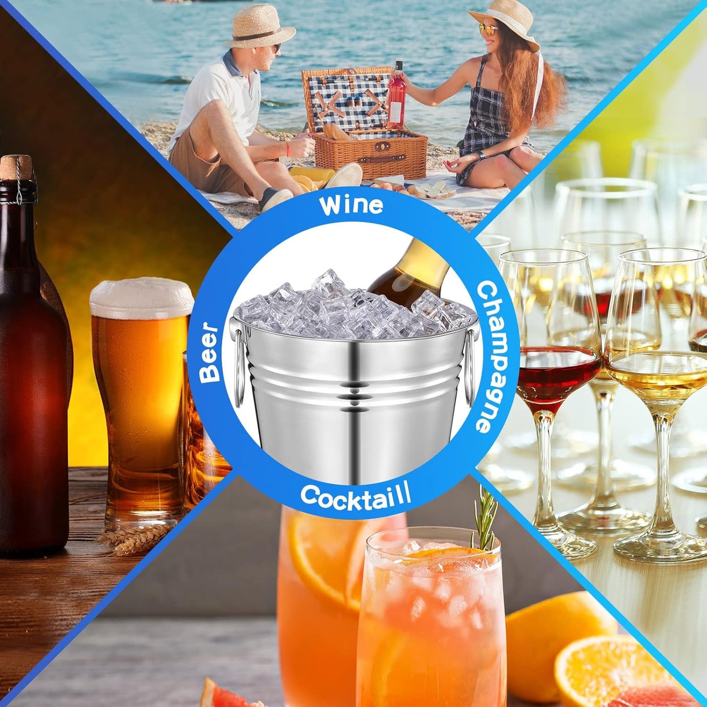 Mumufy 6 Pcs 3.3 Qt / 3 L Champagne Ice Buckets Stainless Steel Ice Bucket with Handles,Drink and Wine Chiller Great for Home Bar Club Party Supplies, Chilling Champagne and Sparkling Wine (Silver)