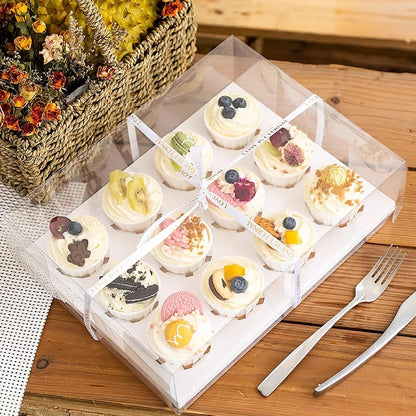 Cedilis 12 Pack Clear Cupcake Boxes, 12 Count Cupcake Containers with Gift Ribbon, Plastic Cupcake Carrier Holder for Cookies, Muffins, Bakeries