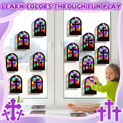 QOUBAI 32 Sets Stars Suncatchers Craft Back to School DIY Stained Glass Window Patriotic 4th of July Paper Craft Home School Classroom Decor Kid Birthday Gift Creative Art Activity Game - Colors B