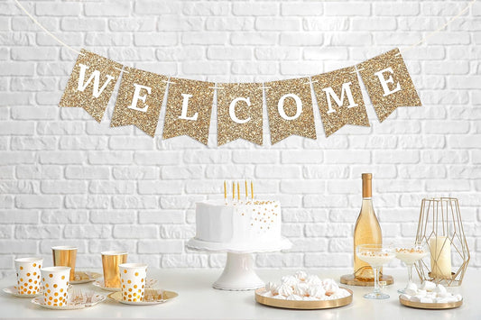 Pre-strung Welcome Banner - No DIY - Gold Glitter Welcome Banner - Pre-strung on 6 ft Strand - Classroom, Office, Front Door, Baby & Bridal Showers Party Decorations & Decor. Did We Mention No DIY