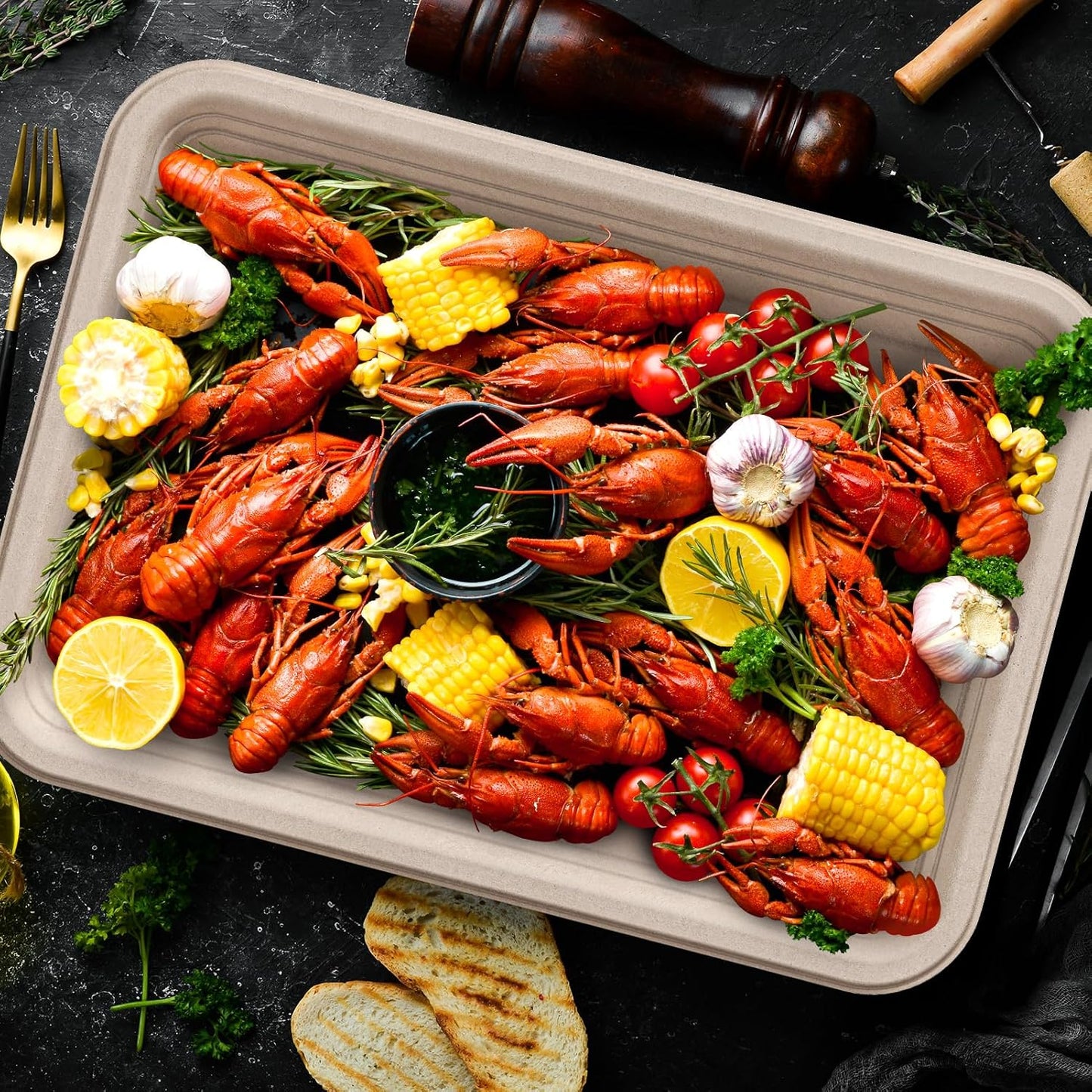 ECOLipak 100 Pack 14 Inch Disposable Food Crawfish Trays, Compostable Large Paper Plates, Disposable Thanksgiving Trays for Serving Food, Turkey, BBQ, Seafood Boil Party Supplies(White)