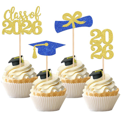 36 PCS 2026 Graduation Theme Cupcake Toppers Glitter Class of 2026 Grad Cap Diploma Cupcake Picks 2026 Graduation Theme Party Cake Decorations Supplies Deep Blue
