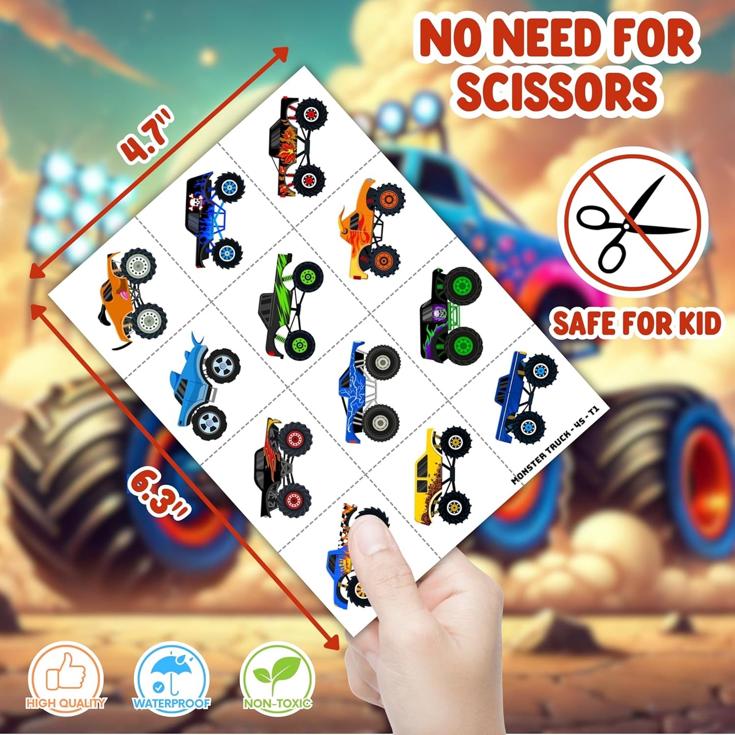 72PCS Monster Truck Party Favors | 48 Pre Cut Temporary Tattoos 24 Slap Bracelets Kids Boys Birthday Party Supplies Classroom Prizes School Rewards